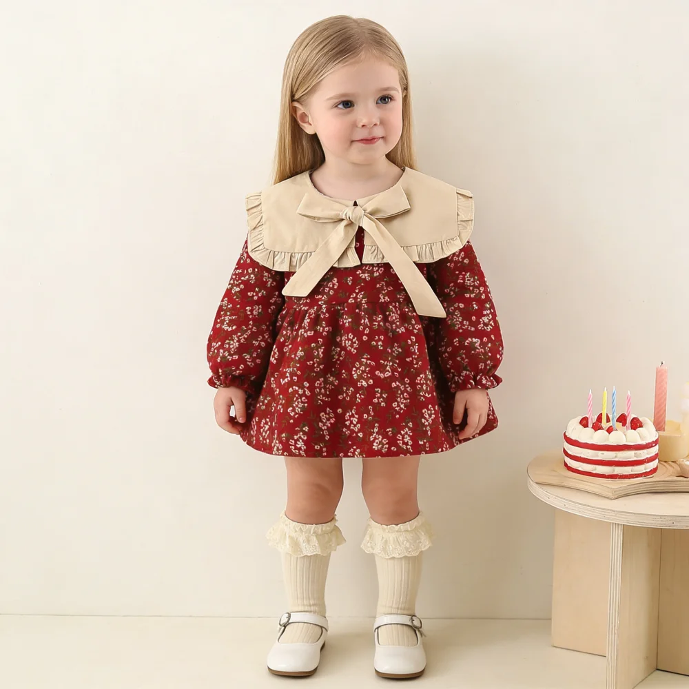 

Toddler Girl Long Sleeve Floral Dress - Cute Bowknot Princess Outfit For Spring Fall Baby Clothing