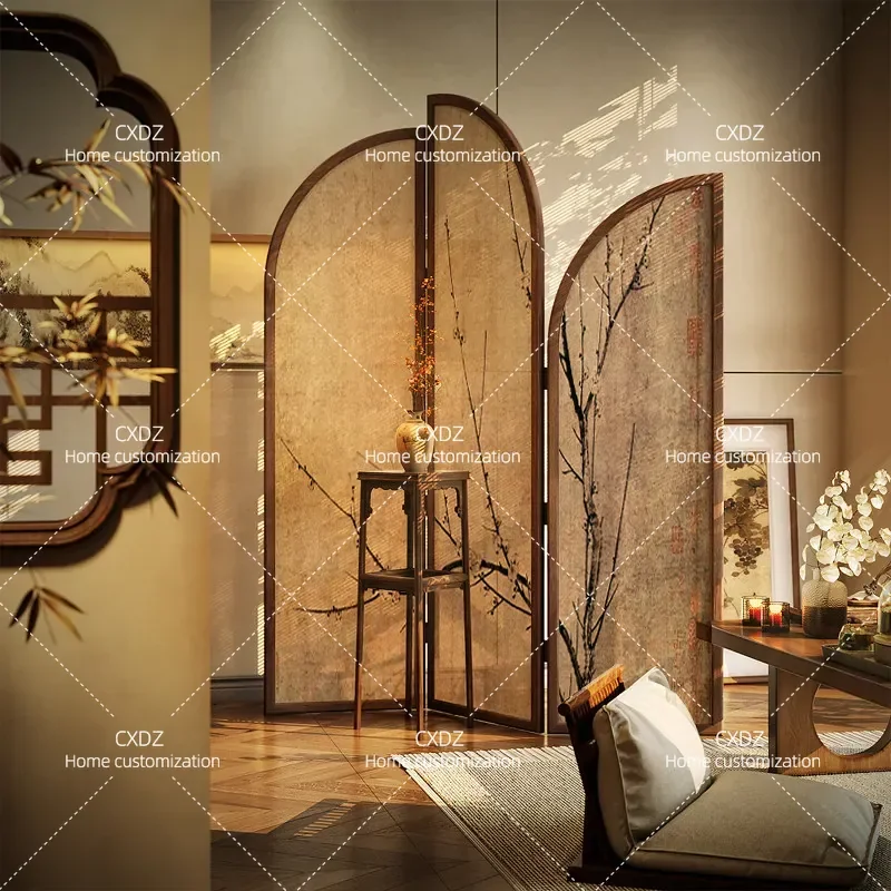New Chinese Style Solid Wood Screen Curved Plum Blossom Ancient Painting Partition Movable Divider for Living Room Entrance