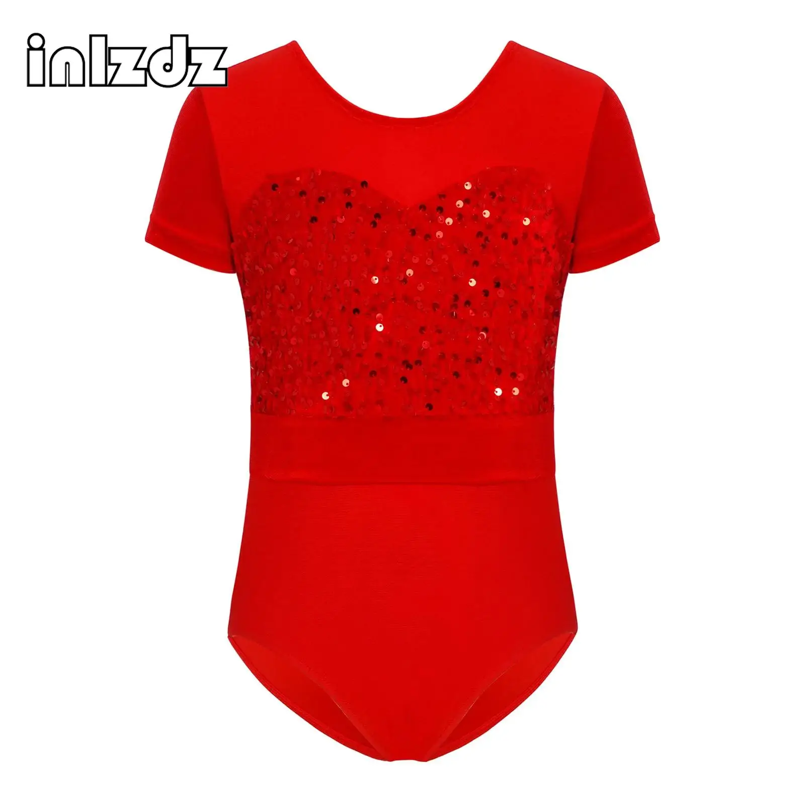 

Kids Girl Ballet Dance Unitard Leotard Short Sleeve Sequins Velvet Press Buttons Crotch Bodysuit for Performance Competition