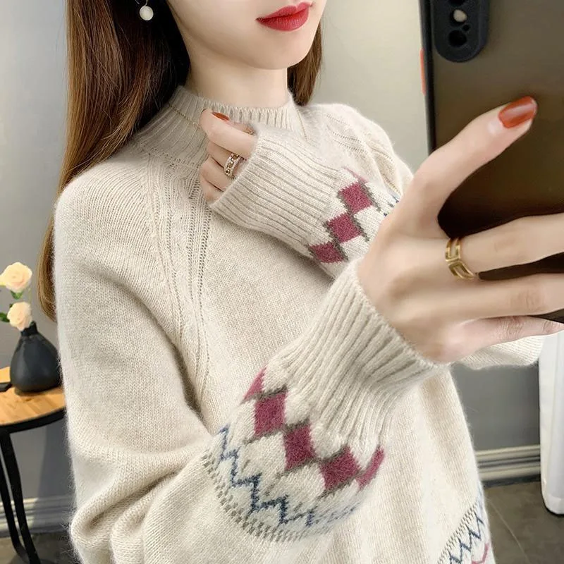 New Autumn/Winter Korean Edition Lazy Colored Jacquard Half High Neck Loose and Versatile Western Style Slimming Knitted Sweater