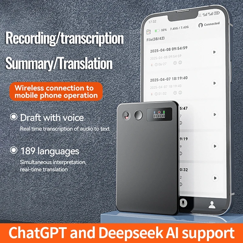 AI Powerd ChatGPT-4 App مكالمة هاتفية مسجل صوت صغير Espia Transcribe Summarize 189 لغة مترجم الصوت الإملاء