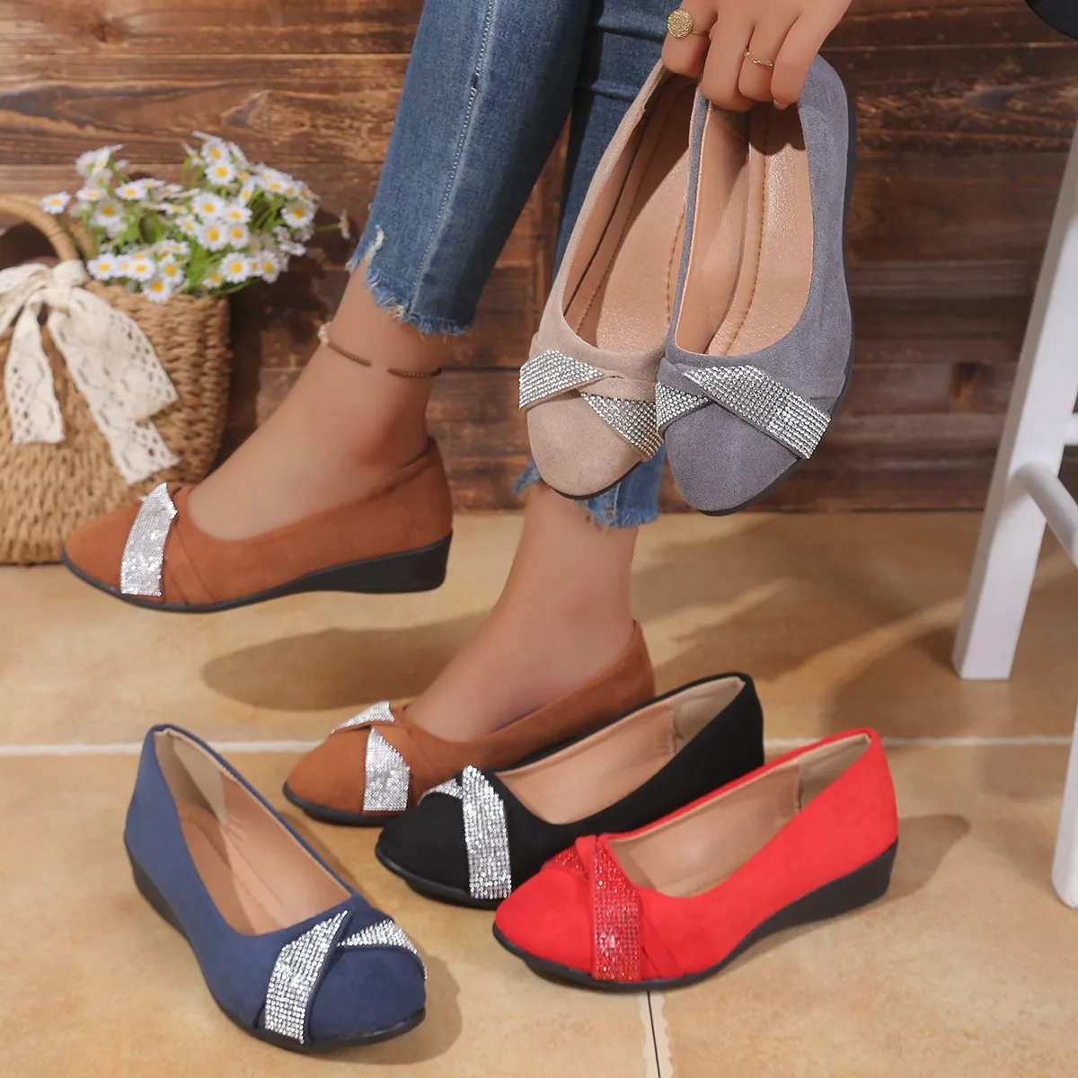 Women Closed Toe Slip On Wedge Heel Shoes Suede Upper With Rhinestone Bow Comfort Walking Work Shoes