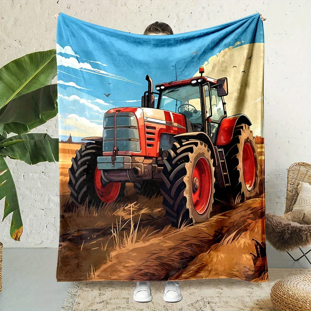 Vintage Tractor Farming Scene Blanket Rustic Farm Life Decor Cozy Picnic Throw for Outdoor Patio