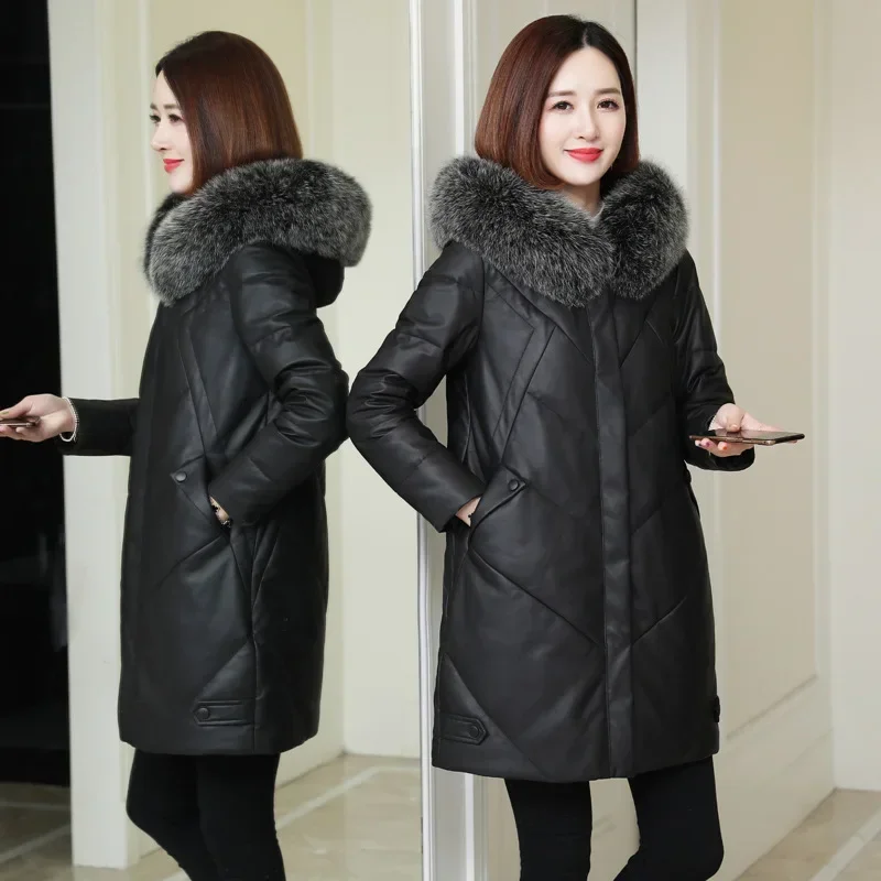 2023 New Genuine Leather Down Coat Women's Mid Long Natural Sheepskin Fox Collar Loose Thick Fur Coats Female Roupas Femininas