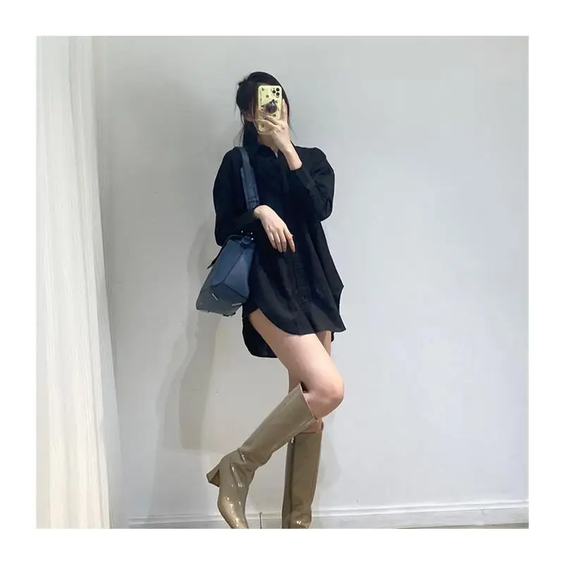

New Women's Bla Long Sve Linen irt with ket Design Summer Loose Fit Collar Pure Color Button Closure