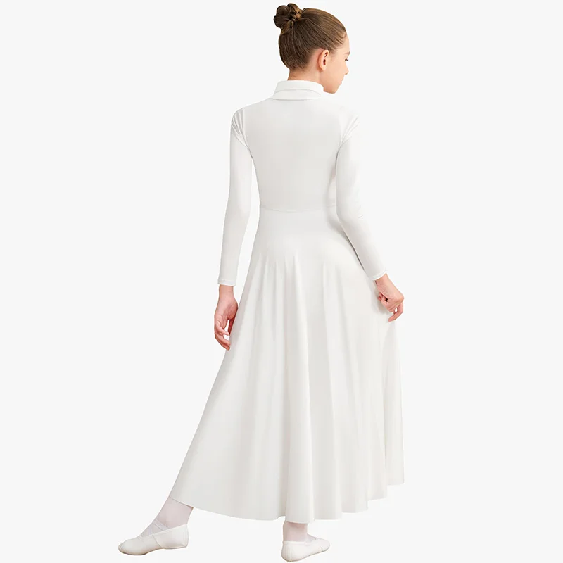 Girls Folding High Neck Praise Dance Dress Loose Fit Full Length Long Sleeve Worship Liturgical Costume with Freely Cropping