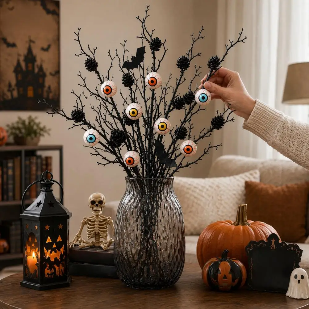 Fake Dead Branches Halloween Black Artificial Branches with Eyeball Picks Bat Pine Cone Vase Fillers Holiday Party Centerpiece