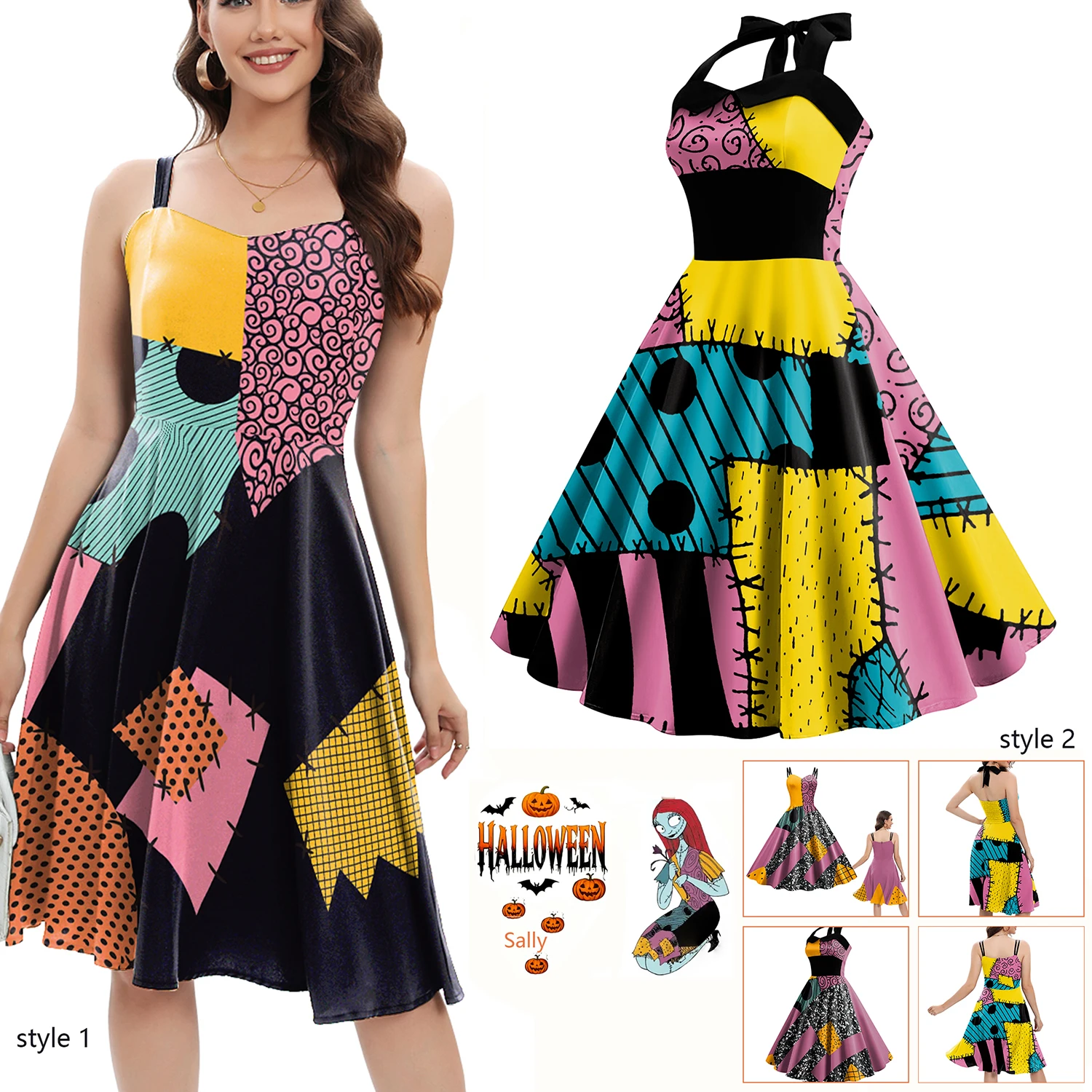 

Платье Салли на Хэллоуин 2025, сексуальное винтажное платье ведьмы без рукавов для косплея, платья, страшная одежда мертвых ﻿ Костюмы