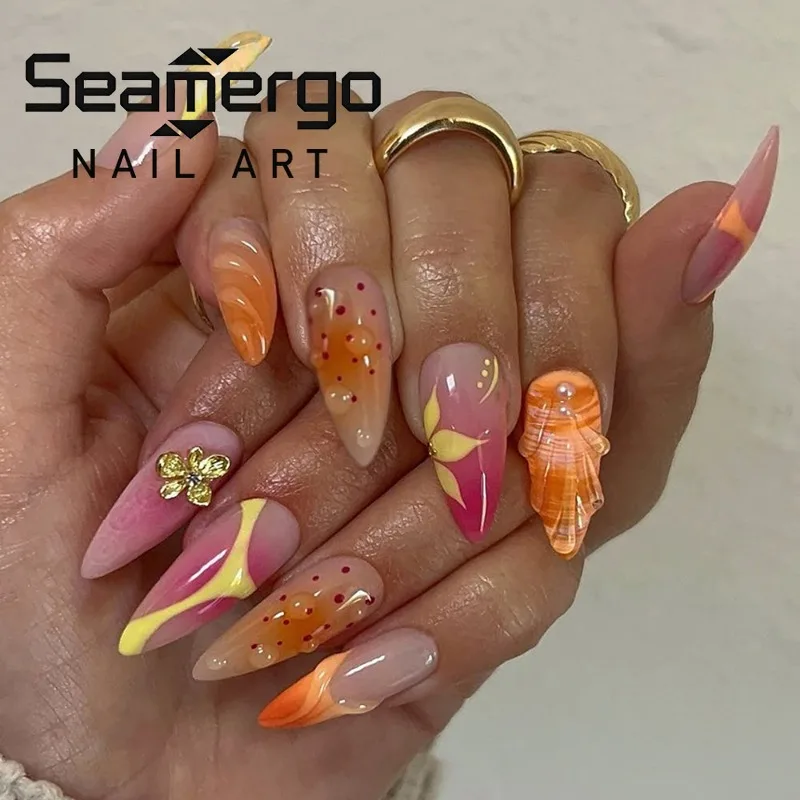 24PCS Summer Pink 3D Shell Press on False Nails Beach Orange Flower French Fake Nails for Spice Girl Reusable Nail Tips Wearable