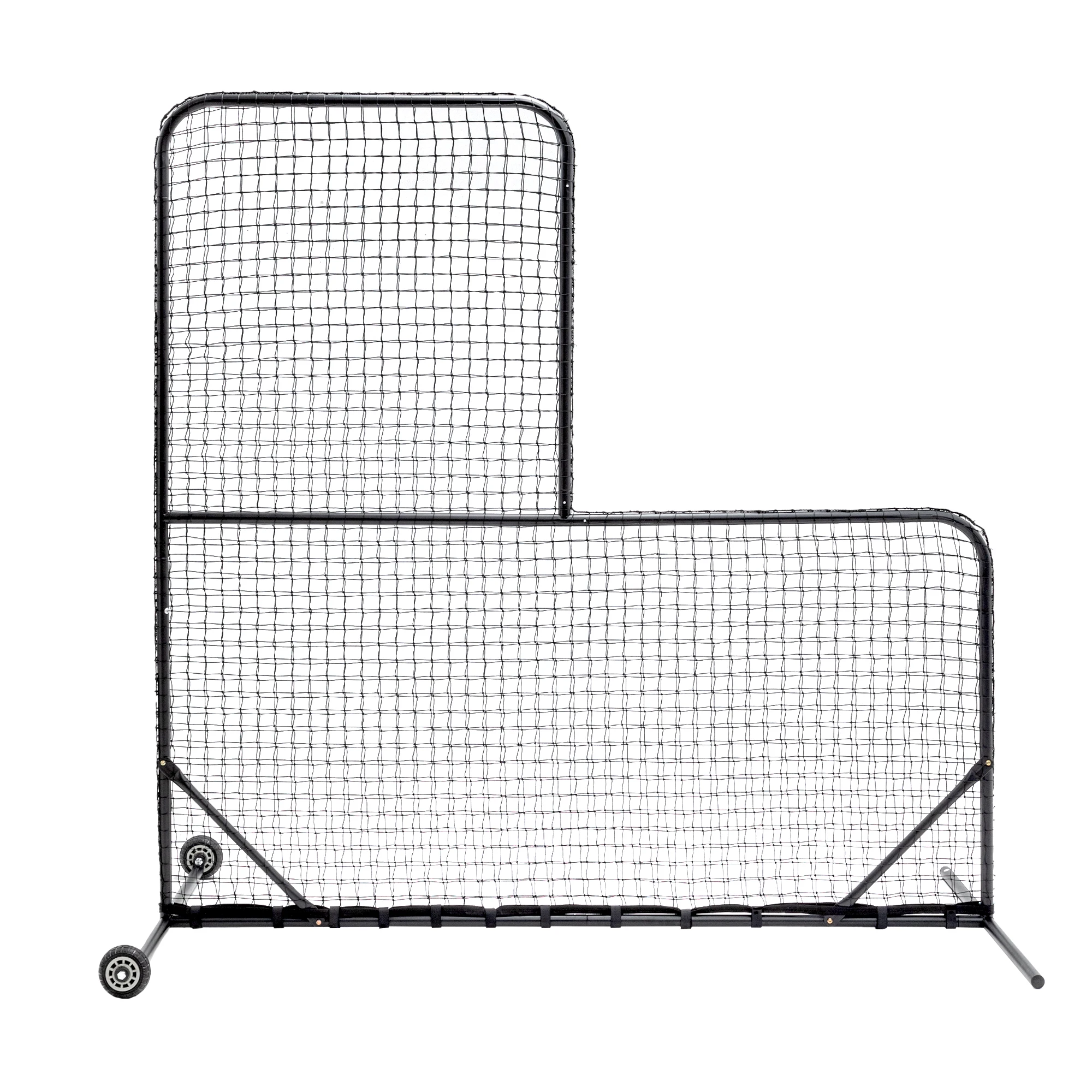 

L-Shaped Baseball Net for Batting Cages, Baseball Pitching Net with Wheels - 84''H x 84''W, with 42'' x 42'' Cutouts
