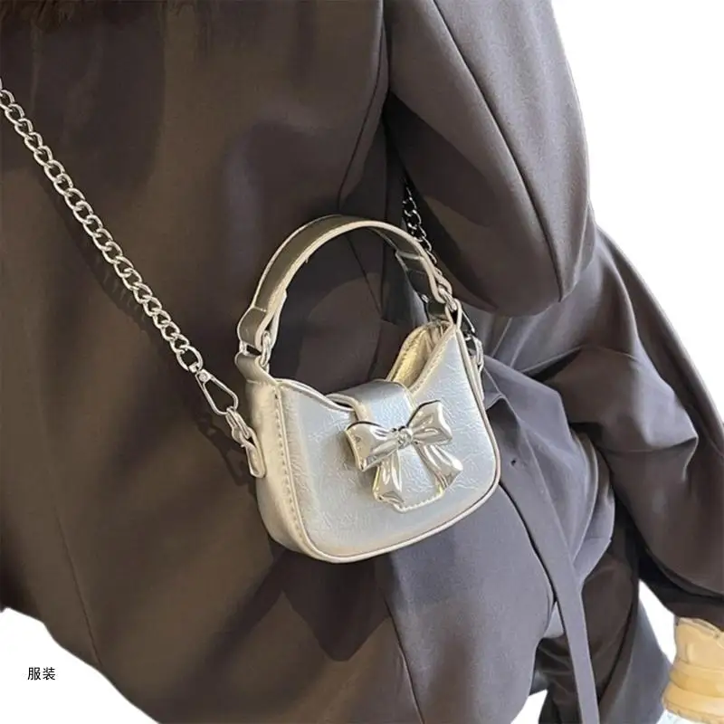 D0UD Women Bowknot Shoulder Bag Chain Strap Crossbody Bag PU Leather Bag