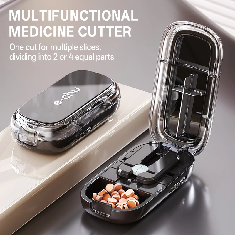 Pill Cutter & Storage Box – Quartering 1/2/1/31/4 Splitter, Portable Dustproof Tablet Divider Organizer with Crusher
