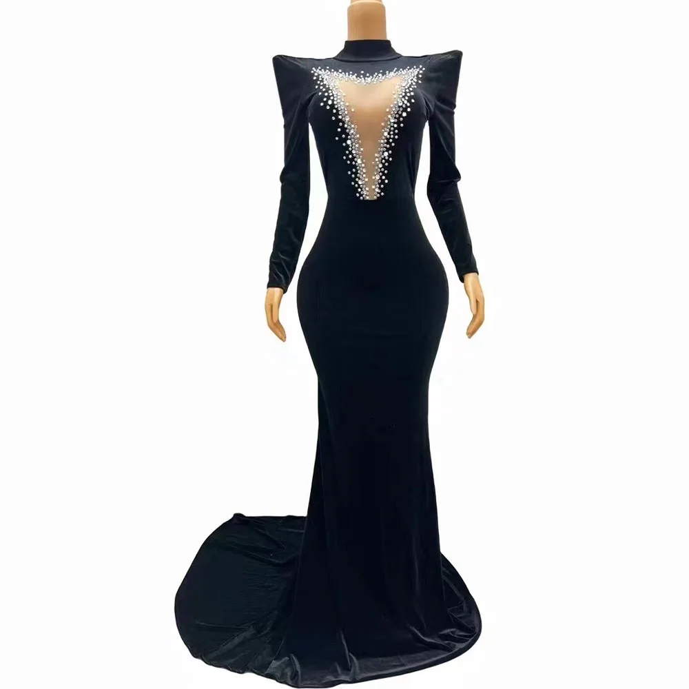 Sexy Stage Evening Black Velvet Silver Rhinestones Big Train Dress Crystals Outfit Nightclub Birthday Party Gowns Collections