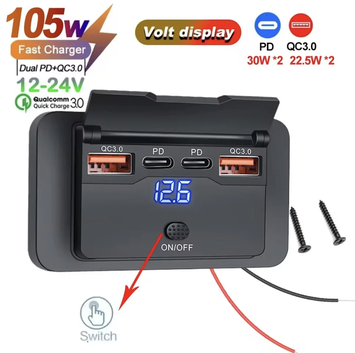 4-Port PD QC3.0 Fast Car Charger Adapter with Touch Switch Voltage Display for 12V-24V Bus Camper Boat ATV