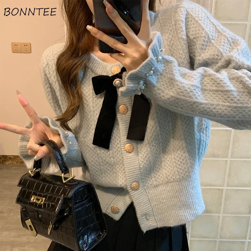 Cardigan Women Bow Bright-silk Cropped Chic Gentle Daily Elegant Temper Fashion All-match Unique Autumn Knitted Coats Ulzzang