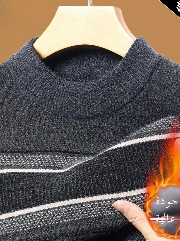 

Men's Winter Thiened Fce Lined Knitted Sweater Striped f High Collar Warm Base irt Busin Casual Loose Fit