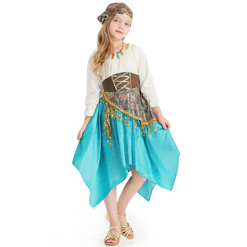 Girls Gypsy Diviner Cosplay Kids Children Halloween Flamenco Dance Costumes Carnival Purim Nightclub Bar Role Play Party Dress