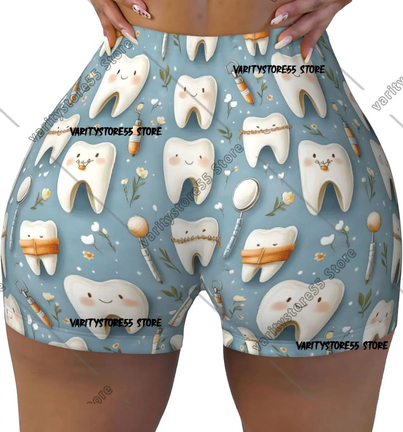 شورت نسائي للتمرين مطبوع عليه رسوم كرتونية لطيفة على شكل أسنان لراكبي الدراجات النارية واليوجا والجري والصالة الرياضية من الألياف اللدنة للنساء #1