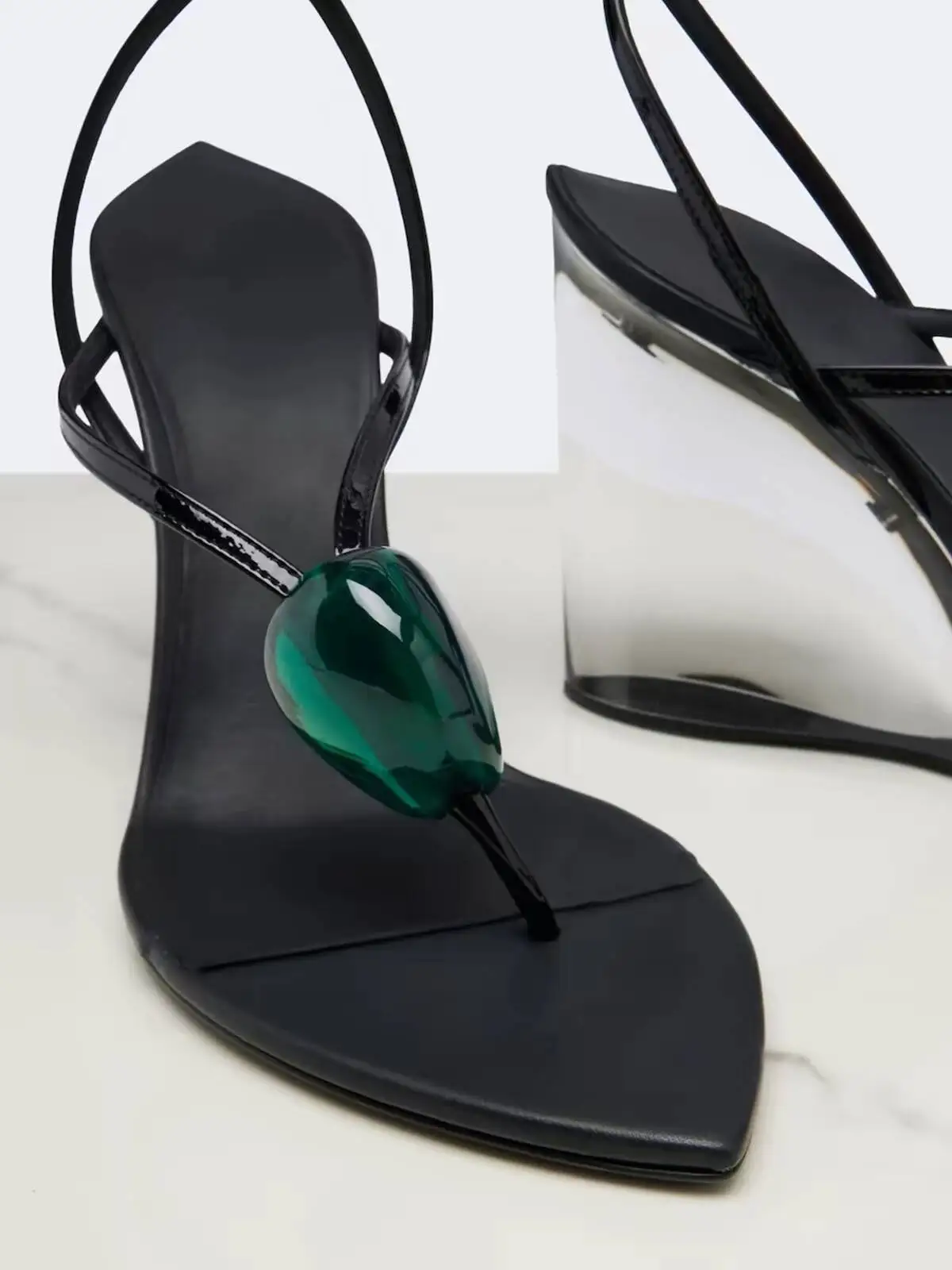 Summer Clip Toe Thin Strap Transparent Wedge Sandals Pointed Fashion Flip Flops Women's High-heeled Sandals