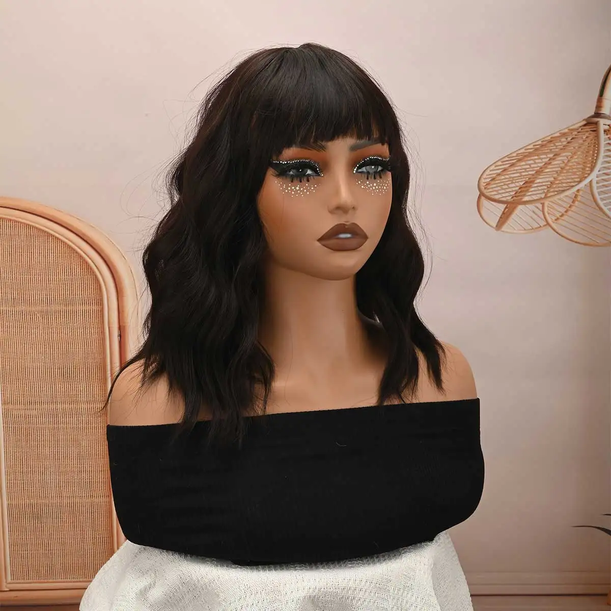 Dark Brown Wavy Bob Wig with Bangs, Heat‑Resistant Synthetic Glueless Wig Natural Looking Daily Fashion Wig