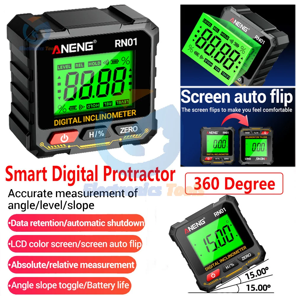 

360 Degree Protractor RN01 Digital Angle Gauge Goniometer Four-sided Strong Magnetic Protractor Tester Measuring Tools