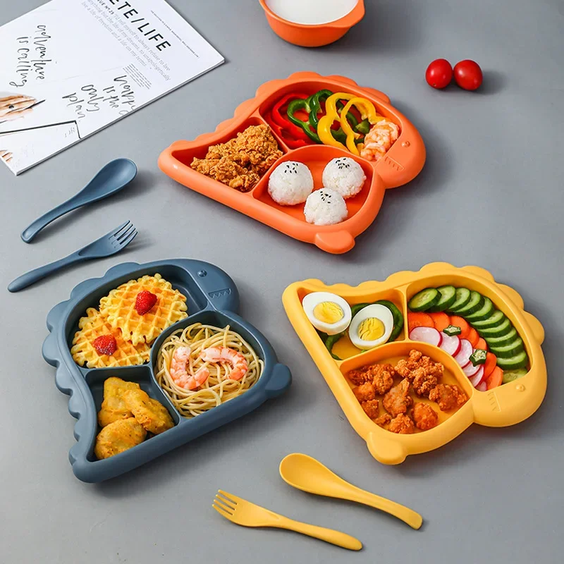 

4 PCS Baby Bowls Plates Spoons Forks Food Tableware Set BPA Free Non-Silp Kid Dishes Dinosaur Food Feeding Bowl For Child