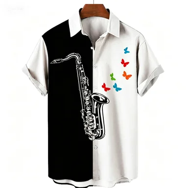 Men's Hawaiian Shirt with Guitar Pattern 3D Print, Suitable for Parties, Beaches, Hip-hop, Harajuku Style, Summer Shirt.
