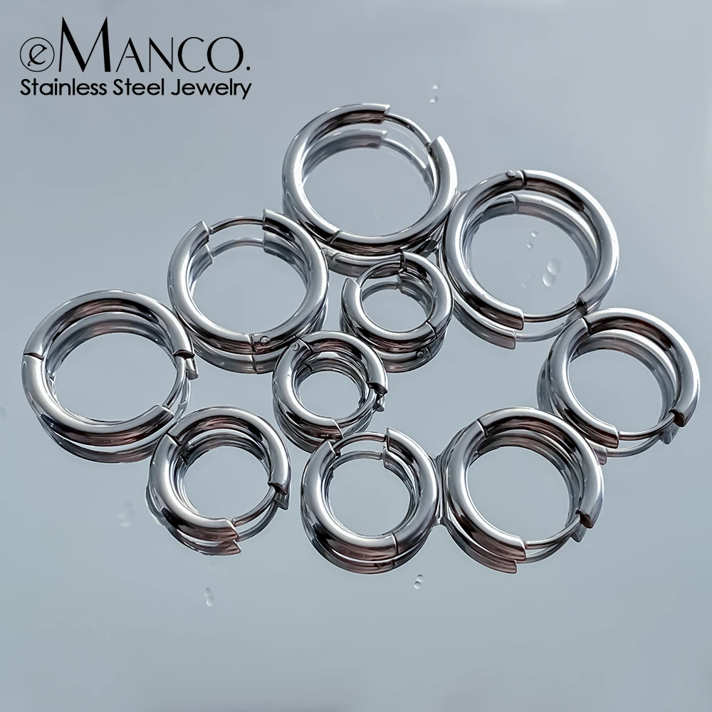 EMANCO  13-21mm Stainless Steel Earring Minimalist Classic Round Earring for Women Men Tiny Huggie Hoop Rock Jewelry Gift