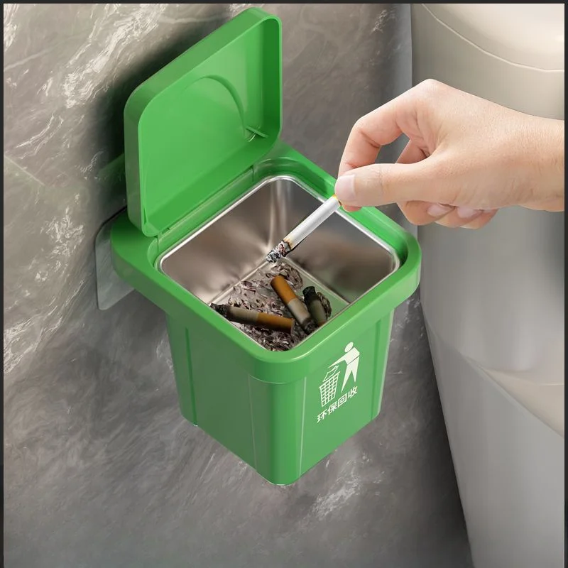 2PCS Trash Can Ashtray With Lid Stainless Steel Ashtray Bathroom Wall Hanging Mini Trash Garbage Can Bin Anti-fly Ash Ashtray