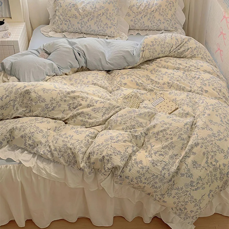 

Princess Style Floral Printed Lace Bedding Set Super Soft Quilt Cover Bed Skirt Pillowcase French Luxury Skin-Friendly Bed Linen