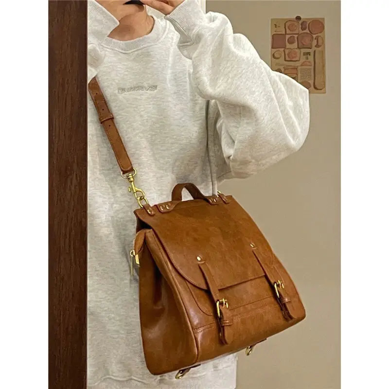 Richme Vintage British Style Women\'s Bag 2022 Trend Students Brown Satchels Fashion Multifunction Individuality Backpacks Female