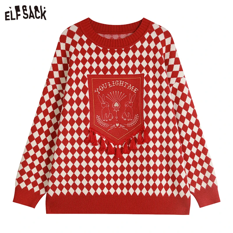 ELFSACK Red Plaid Pullover Sweaters Women 2023 Spring Loose Basic Daily Tops