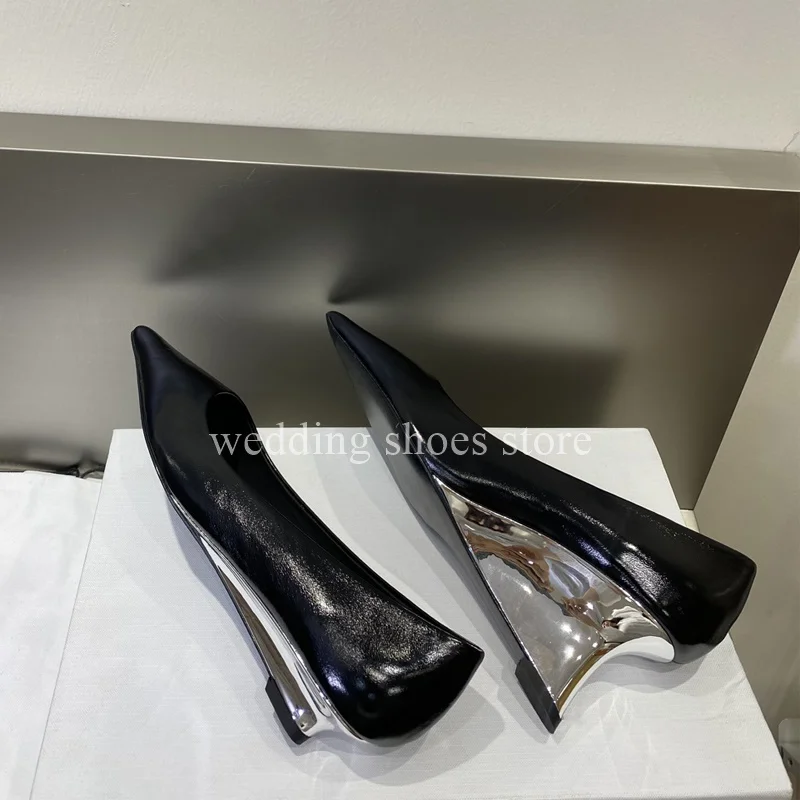 Glitter Black Pointed Toe Wedges High Heels Shimmery Shallow Mouth Genuine Leather Wedding Luxury New Single Shoes Women Pumps