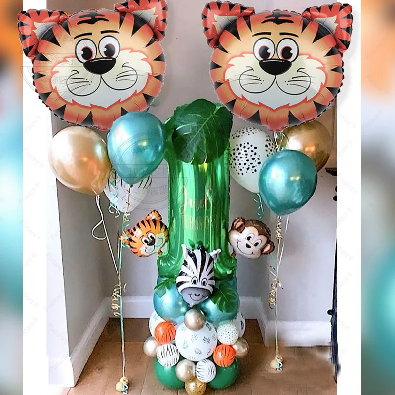 42pcs Jungle Animal Party Decoration Balloon Mini Monkey Tiger Zebra Head Green Number Foil Balloon Child Birthday Decor Balloon