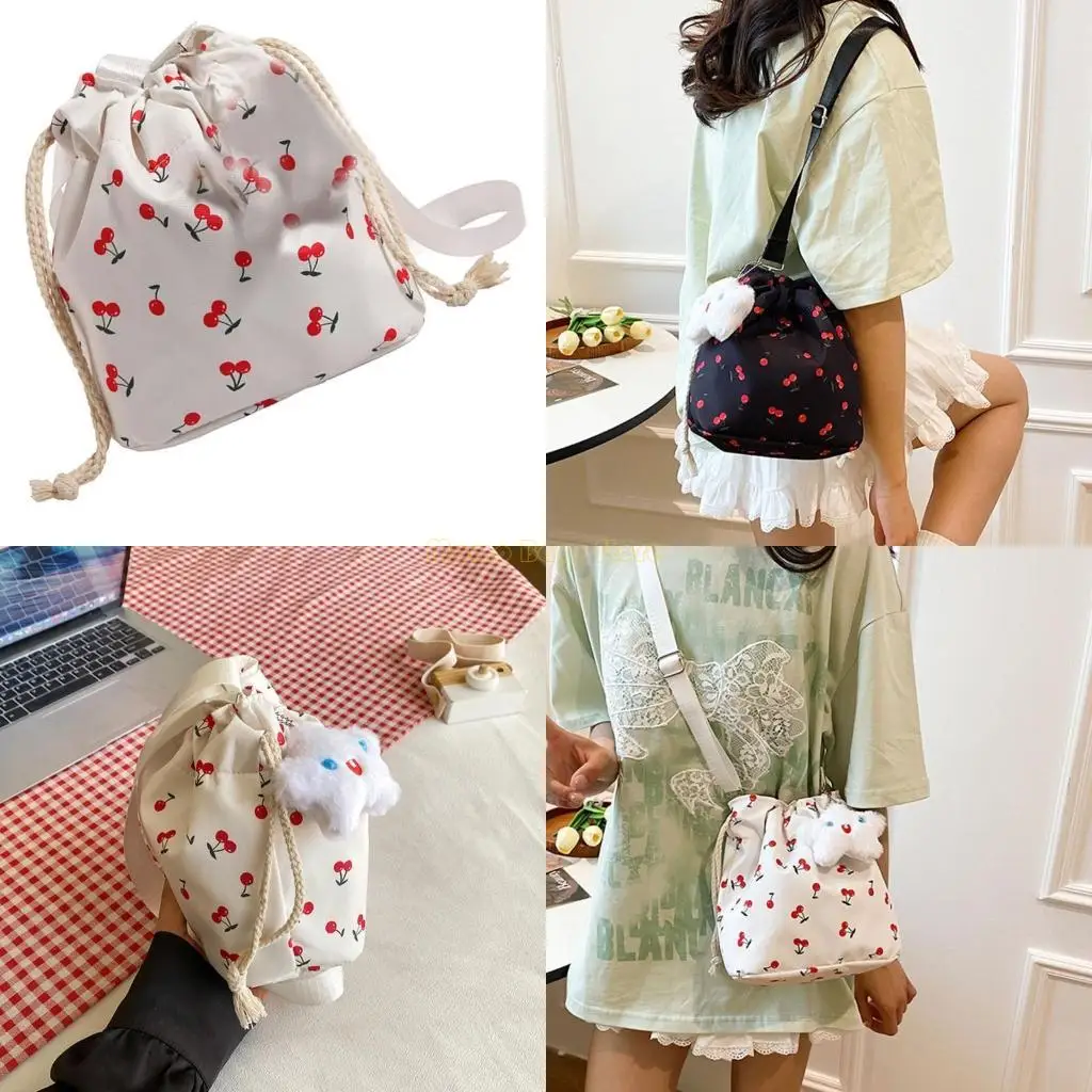 

X90D Women Fashion Crossbody Bag Cherries Pattern Shoulder Bag Bucket Bag