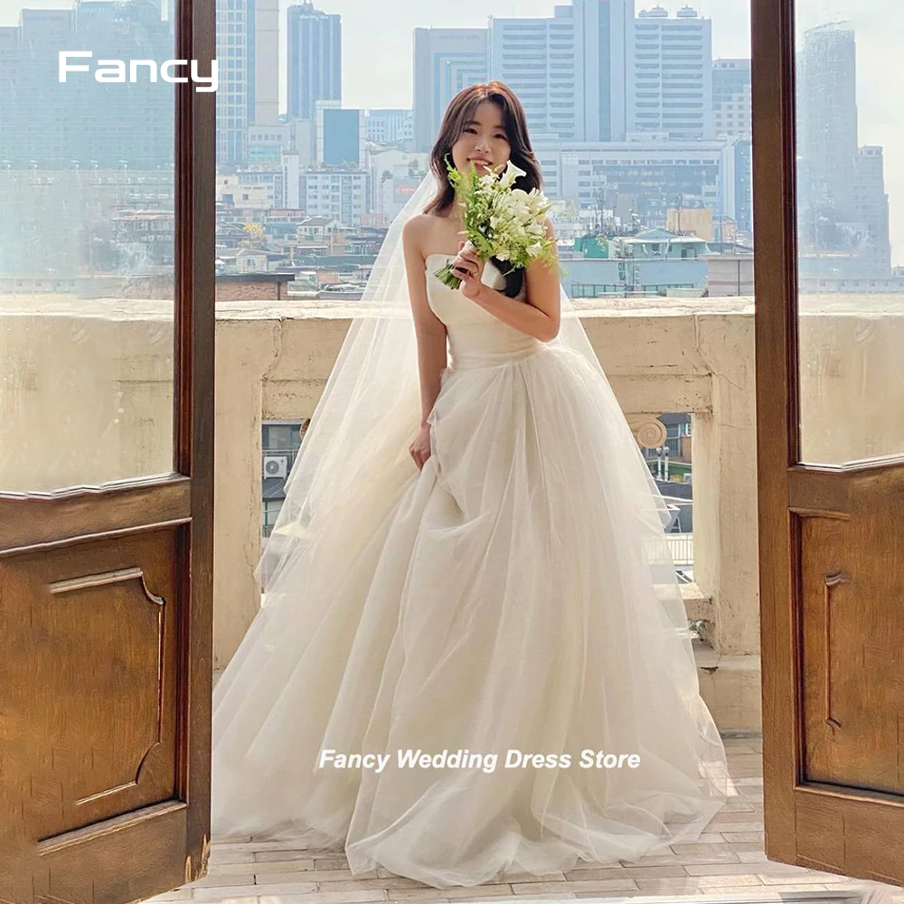 Fancy Fairy Strapless A Line Wedding Dress Korea Women Photo Shoot Dresses Sleeveless A Line Bridal Gown Lace Up Back