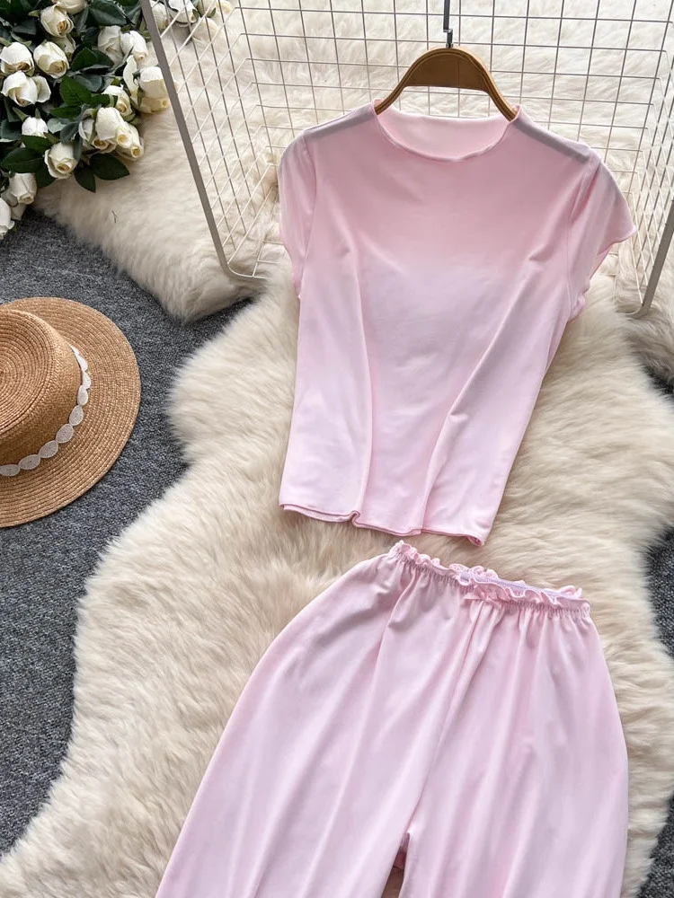 

Повседневный летний женский комплект из двух предметов, круглая футболка Ne ort Sve, широкие прямые брюки с высокой талией, простые универсальные удобные брюки...