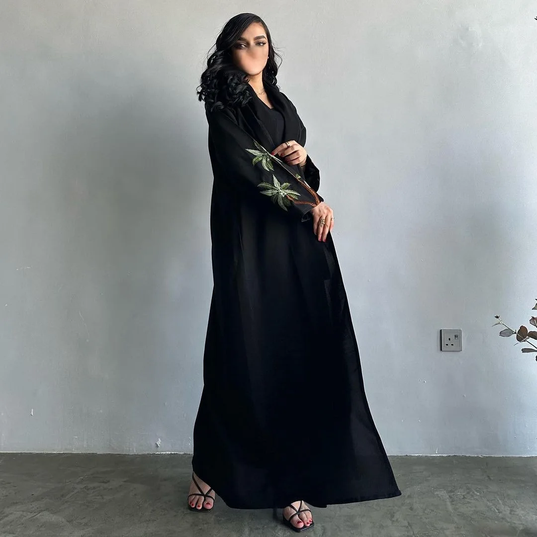 Abaya Kimono abierto informal negro para mujer musulmana, Ramadán Jalabiya Eid, bordado, manga larga, bata marroquí africana