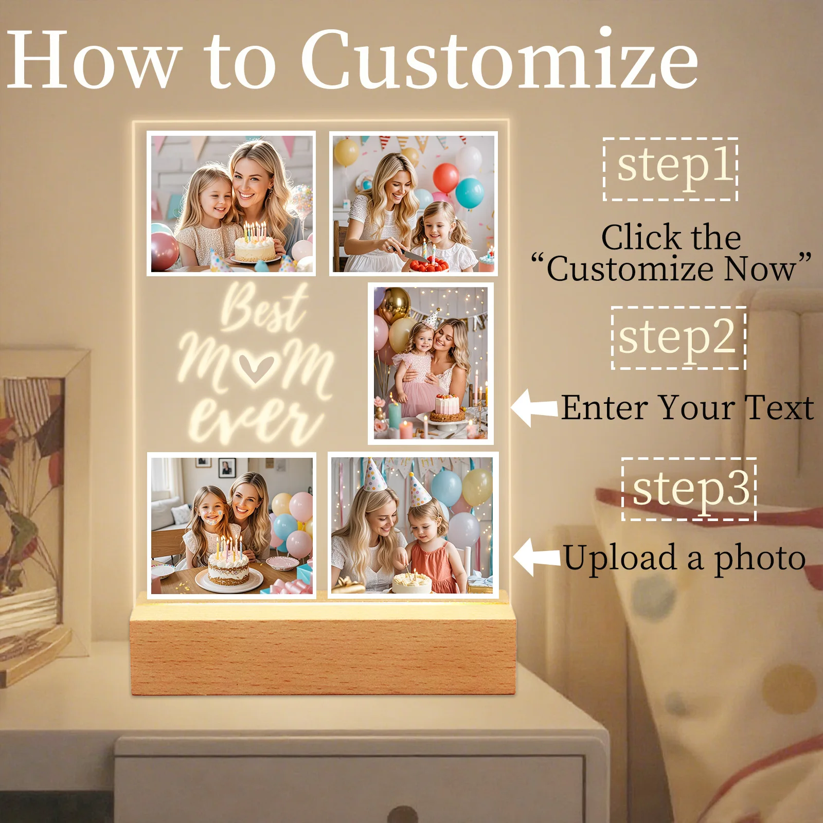Personalized Acrylic Photo Night Light For Mom,Custom LED Frame from Daughter/Son,Unique Mother's Day Valentine‘s Birthday Gif