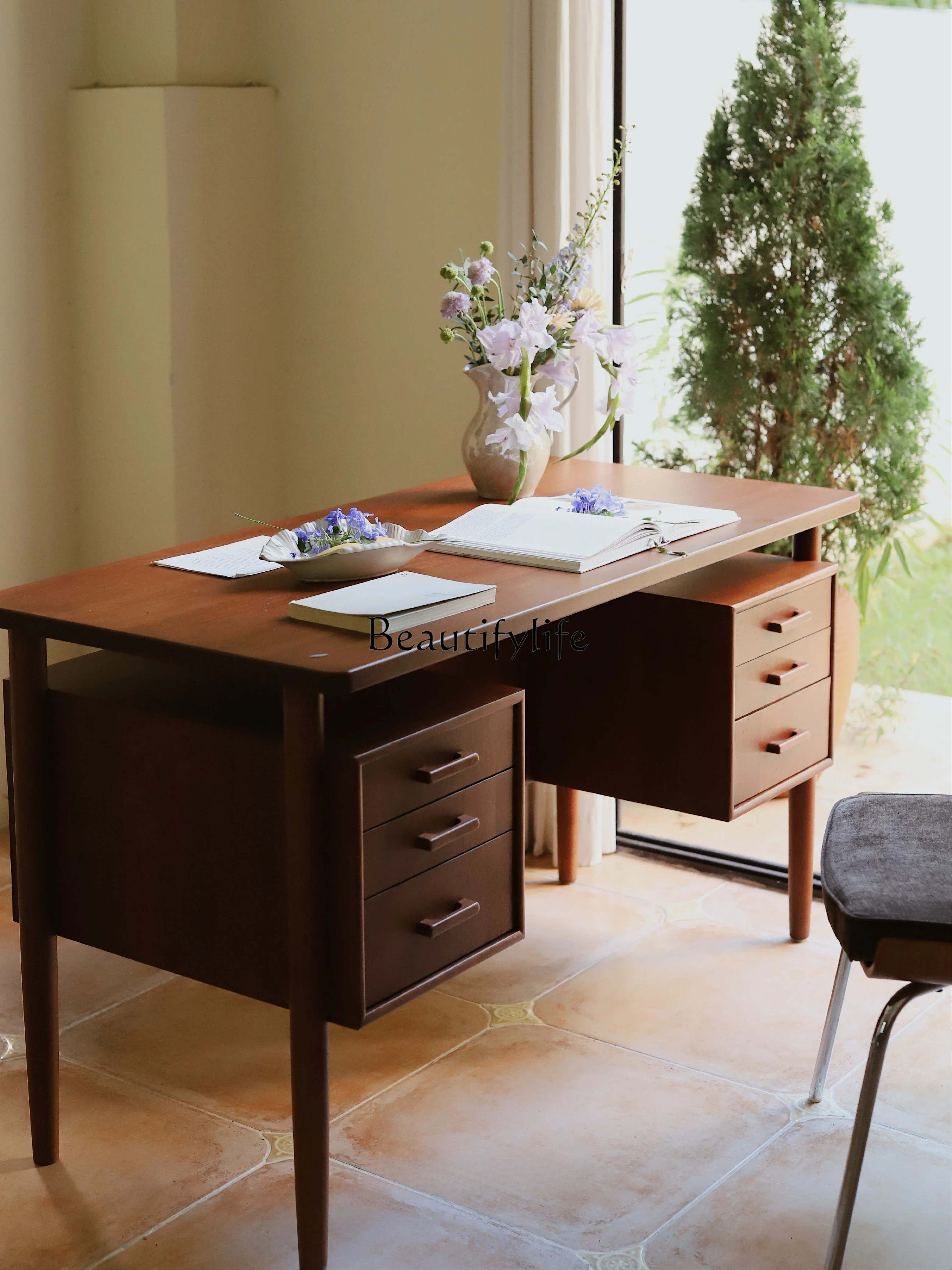 

French retro solid wood desk with drawers teak color desk in antique style