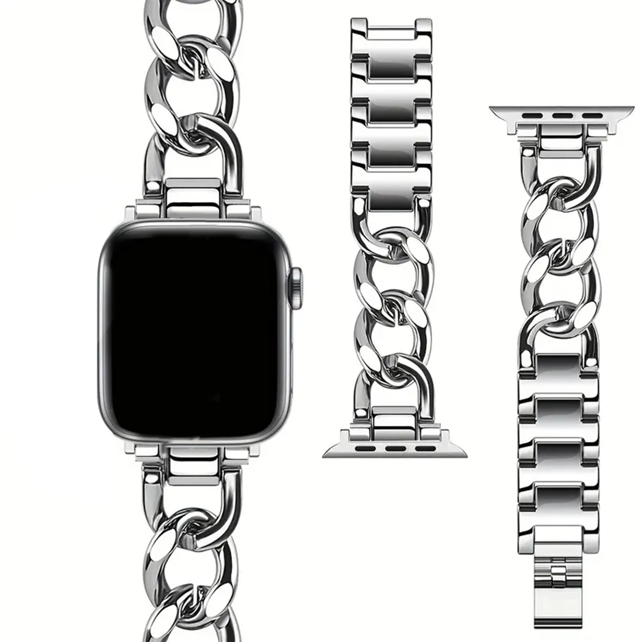 1pc Steel Bands Compatible for Apple Watch Band Series 9/8/7/6/5/4/3/2/1, Dressy Fancy Cowboy Chain Metal Bracelet for Women Man