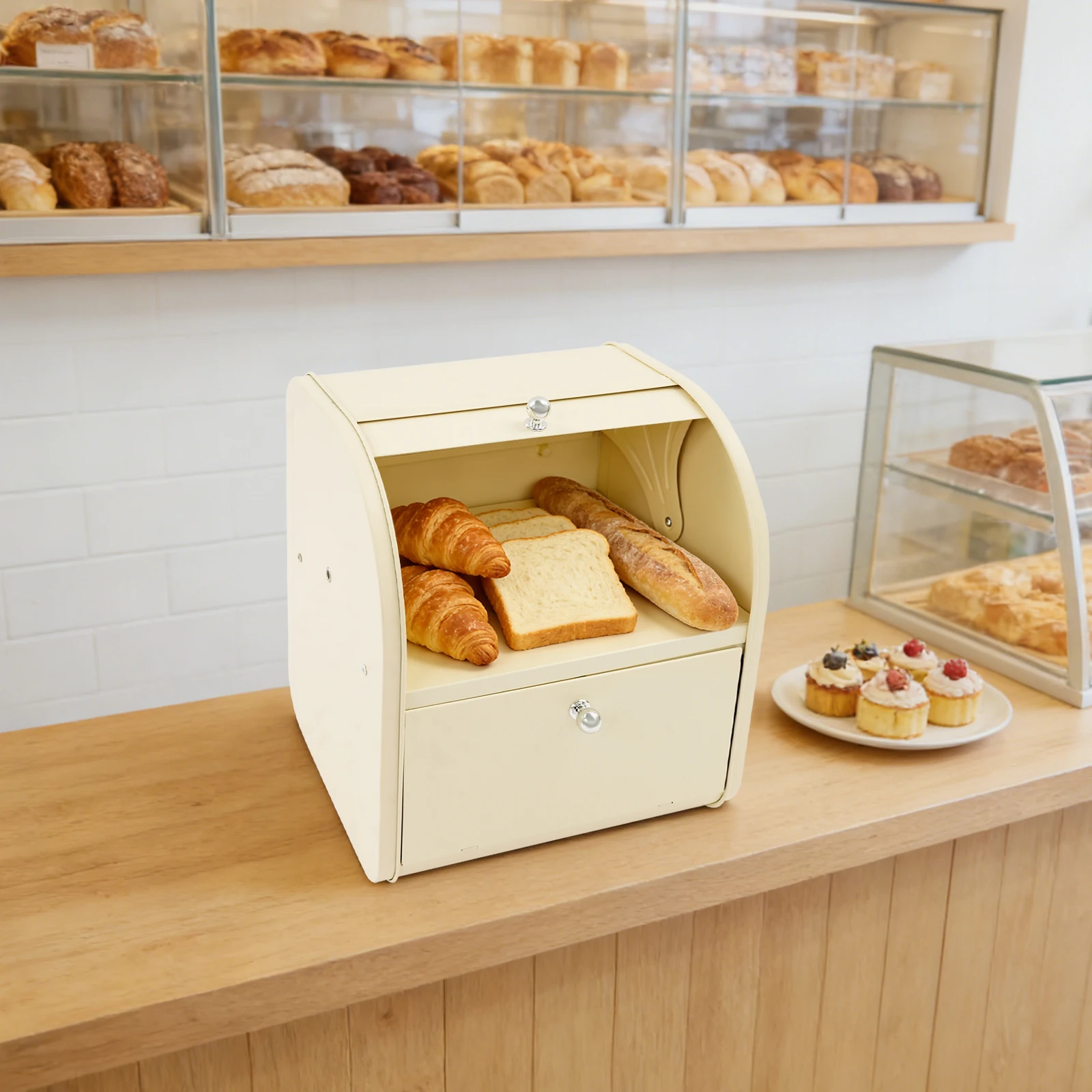 

Stainless Steel Bread Box Double Layer Bread Storage Container 30cm Flip Cover Carbon Steel Ventilated Moisture Proof Organizer with Easy Handle for Kitchen Countertop Pantry Home Bakery Space Saving Beige