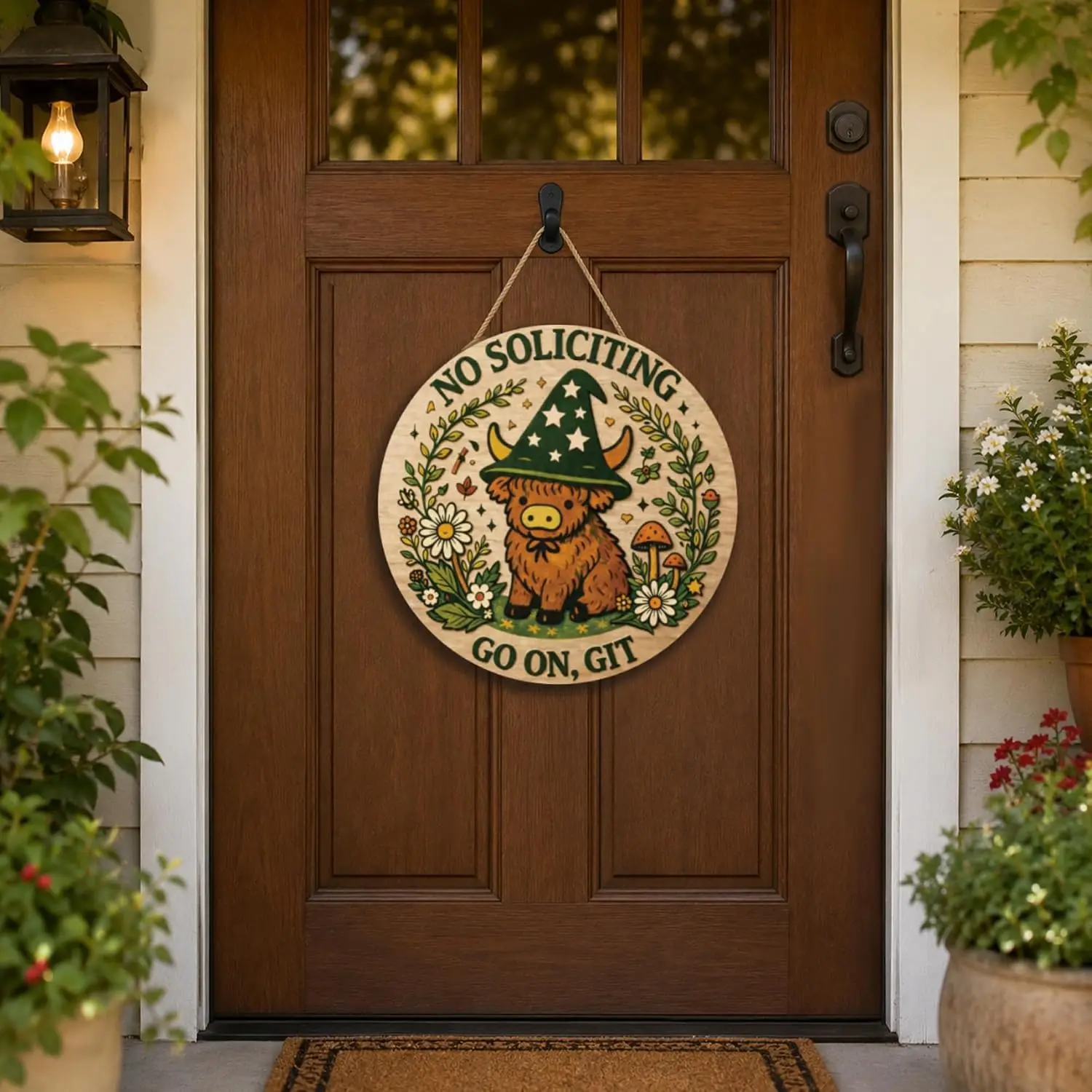 No Soliciting Sign for House | Rustic Round Wood Wreaths Hanging Sign for Front Door - 2D Printed Flat Cute Highland Cow Witch