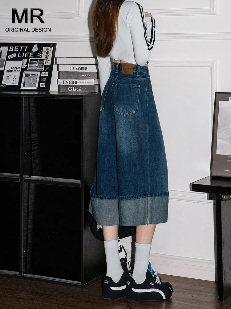 

Синие джинсы в американском стиле с высокой талией, прямые, с отворотами, женские, свободные, стройнящие, летние, широкие брюки, повседневные, из хлопкового денима