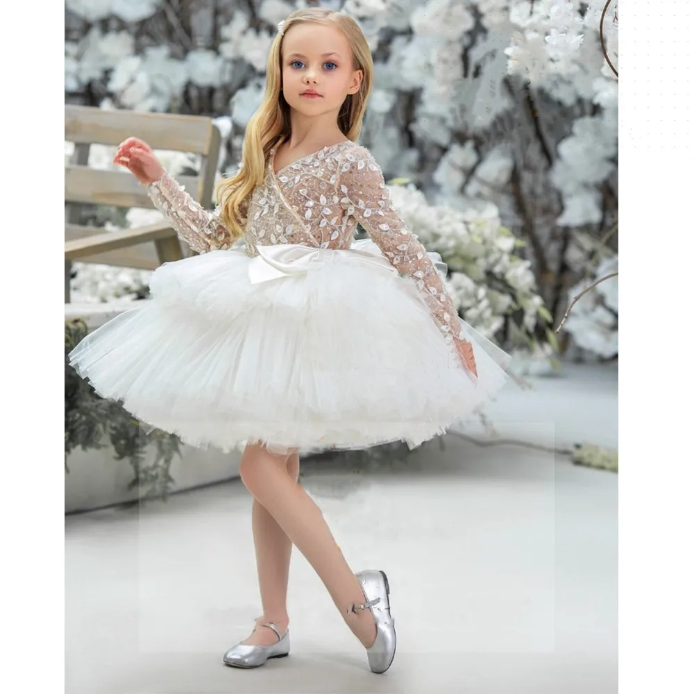 

New Glitter Flower Girl Dress Long Sleeve V Neck Princess Birthday Party Prom Gown First Communion Dress