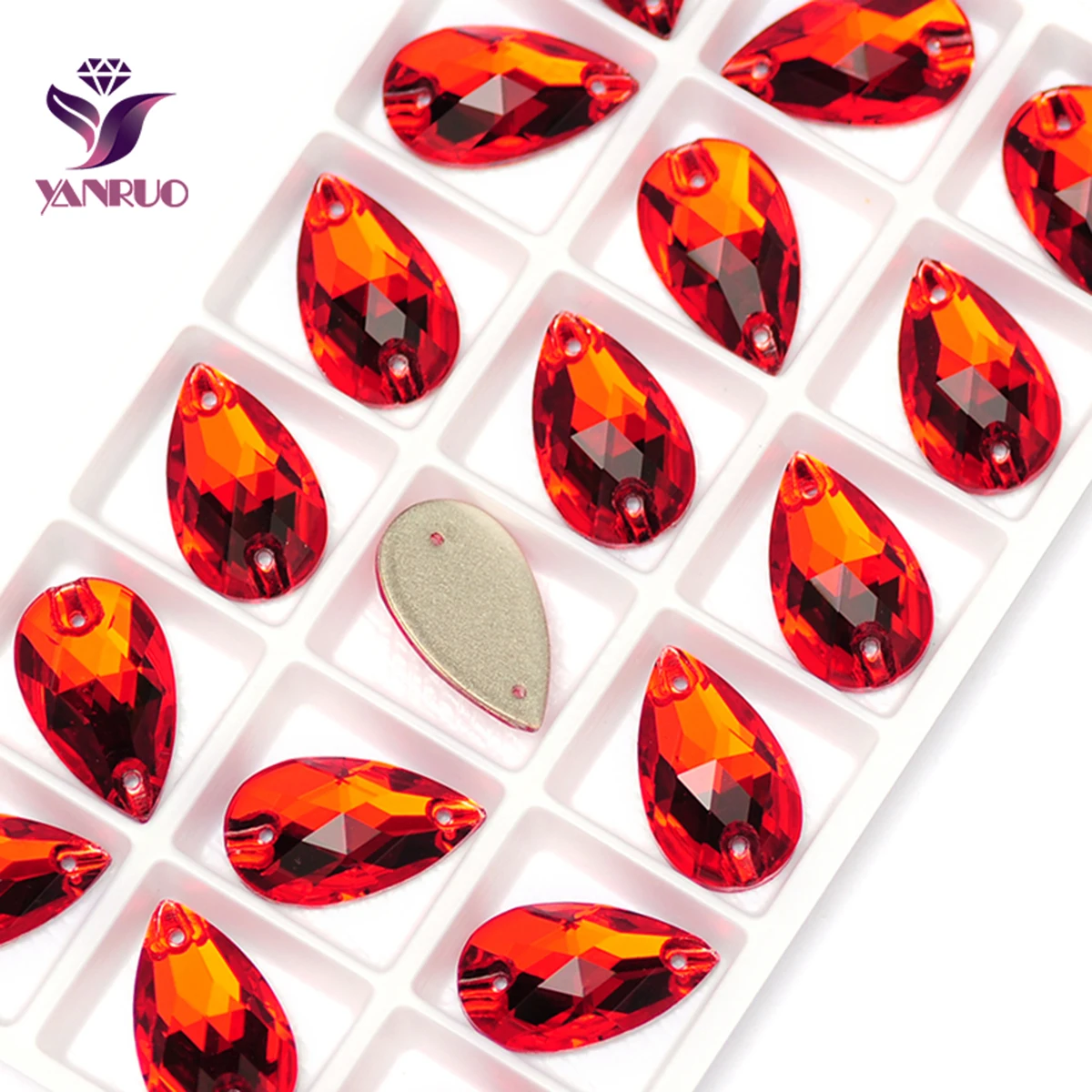 YANRUO 3230 Teardrop Light Siam Sew on Stones Red Glass Crystal Sewing Rhinestone Drop Strass Decor for Clothes