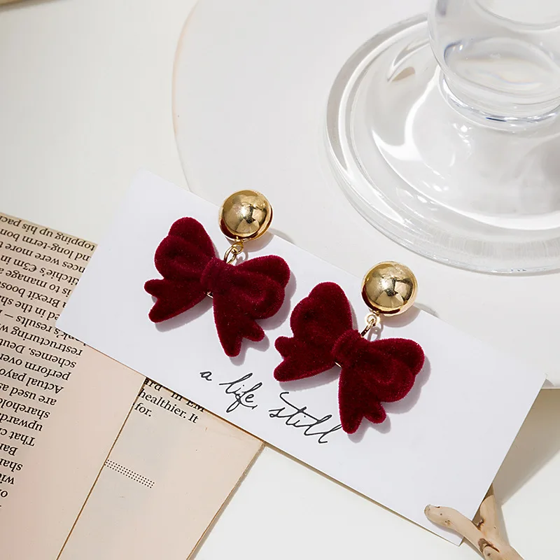 Classic Burgundy Velvet Bow Earrings for Women Jewelry Vintage Flocking Bowknot Dangle Statement Earings Party New Year Gift