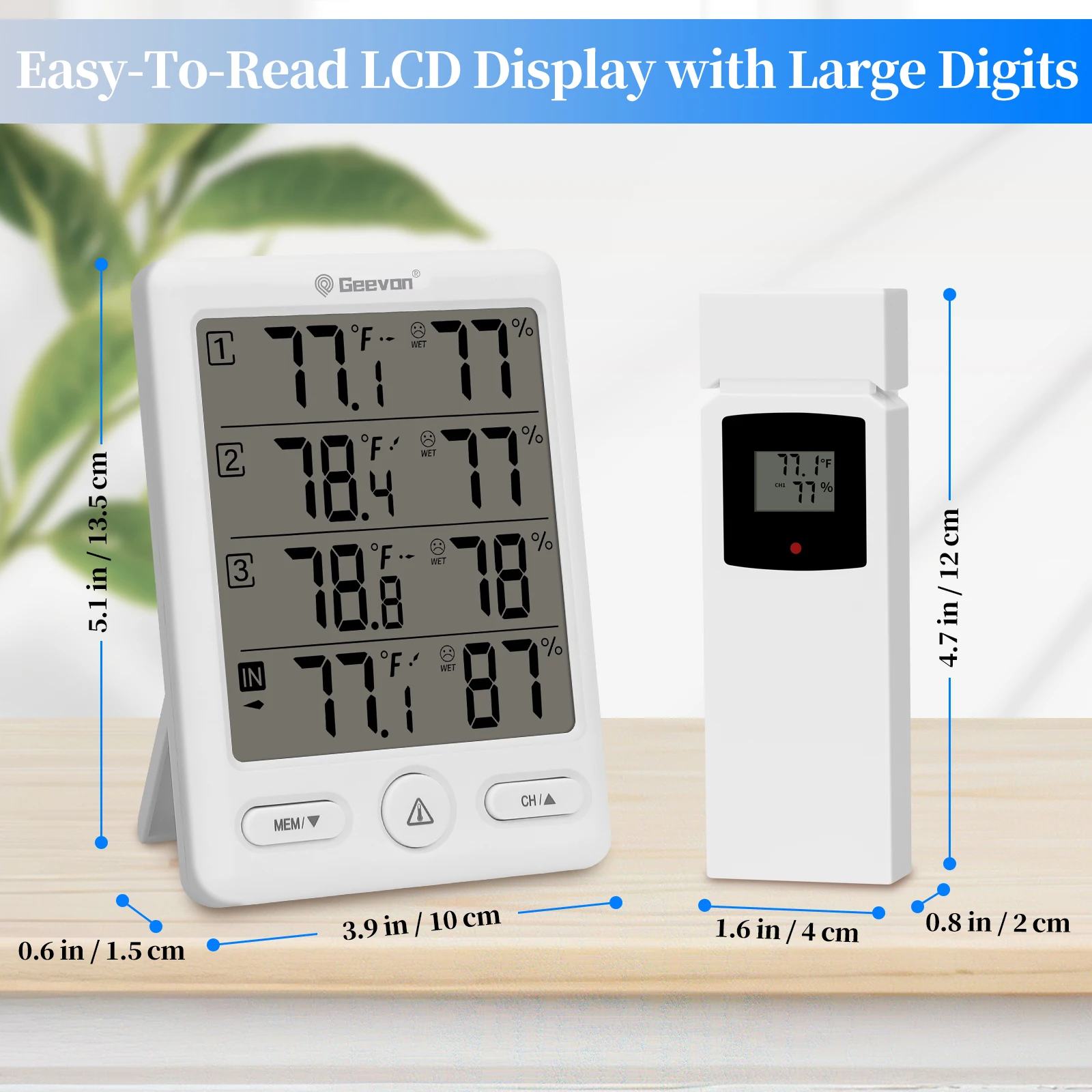 Geevon Indoor Outdoor Thermometer Wireless With 3 Remote Sensors, Digital Hygrometer Indoor Thermometer With 200FT/60M Range