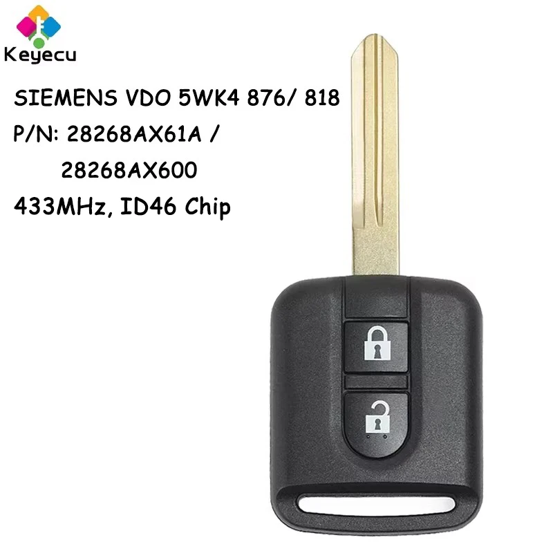 KEYECU 5WK4 876/ 818 Remote Car Key Fob 2 Buttons 433MHz ID46 Chip for Nissan Elgrand X-TRAIL Qashqai Navara Micra Note NV200