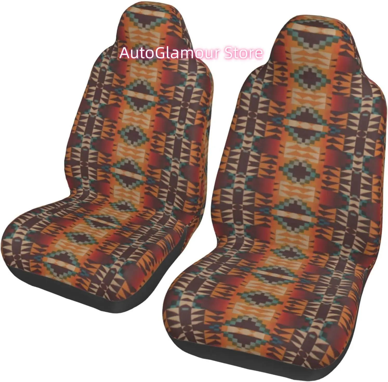 Teal Blue Red Brown Orange Tribal Art Pattern 2-Piece   Seat Cover Complete Set - Elastic Seat Protection Cover for